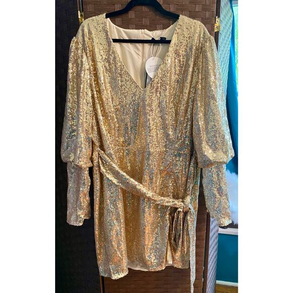 Sequin Puff Sleeve Tie Belted Mini Dress- Size 20 - Picture 4 of 6